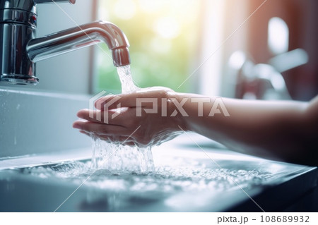 People use soap and washing hands under the water tap. Hygiene concept hand detail 108689932