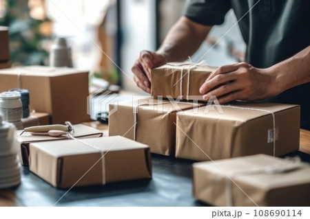 Online shopping young start small business in a cardboard box at work Online shopping young start small business in a cardboard box at work 108690114