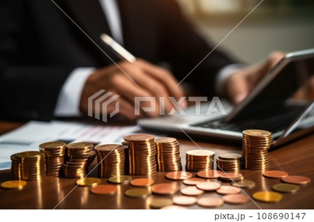 Accountant using calculator with coins and financial report, finance background 108690147