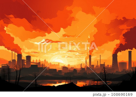 illustrations silhouette factory emit smoke Gradient orange back ground. Generative AI 108690169