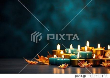 Happy Diwali poster or banner design with illuminated oil lamps on blurred lighting background Happy Diwali poster or banner design with illuminated oil lamps on blurred lighting background 108690188