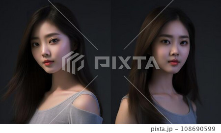 ドッペルゲンガー・双子・姉妹・多重人格・若いアジア人女性・女優・モデル・アイドル（黒バック） 108690599