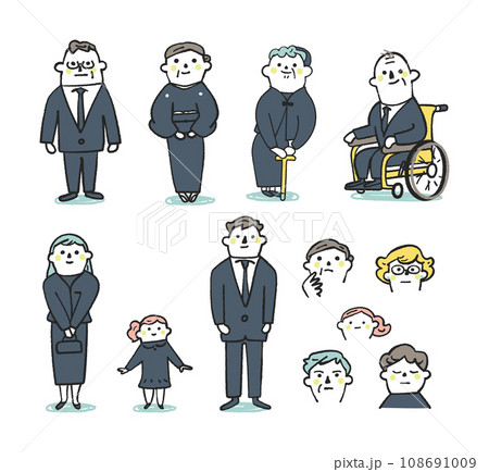 喪服を着た4世代そろい踏みと参列者たち セット イラスト素材 喪服を着た4世代そろい踏みと参列者たち セット イラスト素材 108691009