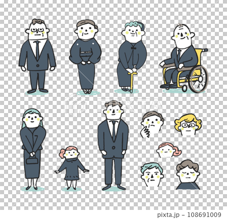 喪服を着た4世代そろい踏みと参列者たち セット イラスト素材 喪服を着た4世代そろい踏みと参列者たち セット イラスト素材 108691009