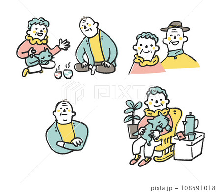 楽しくコミュニケーションを取り行く末を考える老夫婦　セット　イラスト素材 108691018