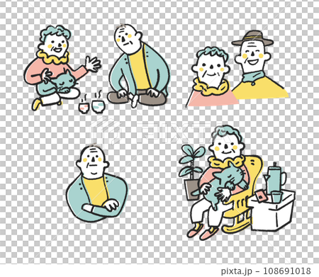 楽しくコミュニケーションを取り行く末を考える老夫婦　セット　イラスト素材 108691018