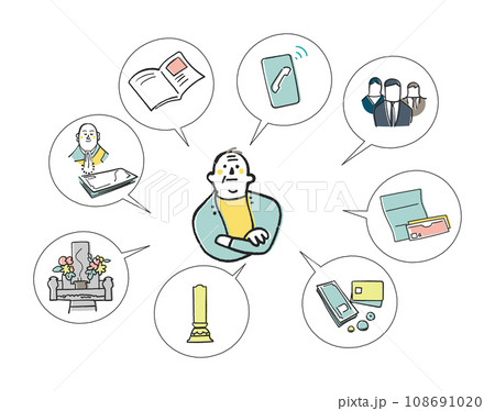 終い方について考える独居老人　セット　イラスト素材	 108691020