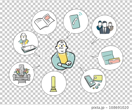 終い方について考える独居老人　セット　イラスト素材	 108691020