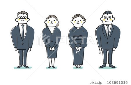 喪服を着た夫婦と葬儀場のスタッフ　立ち姿　セット　イラスト素材 108691036