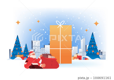 santa claus in red costume sitting near world map and gift boxes using laptop happy new year merry christmas holidays celebration 108691161