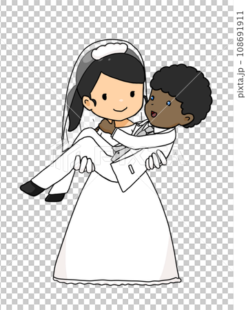お姫様抱っこをするカップルのイラスト(黒人男性を抱きかかえる日本人女性) お姫様抱っこをするカップルのイラスト(黒人男性を抱きかかえる日本人女性) 108691911