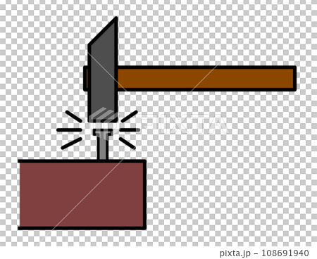 在 DIY 工具中用錘子將釘子釘入木頭的橫截面圖 108691940