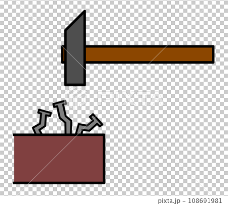 日曜大工でハンマーで釘を木材に打ち込む断面イラスト 108691981