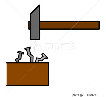 日曜大工でハンマーで釘を木材に打ち込む断面イラスト 108691982
