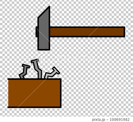 日曜大工でハンマーで釘を木材に打ち込む断面イラスト 108691982