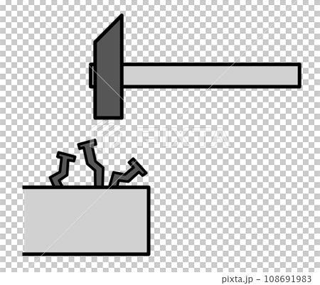 日曜大工でハンマーで釘を木材に打ち込む断面イラスト 108691983