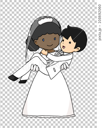 Illustration of a couple hugging a princess (black woman hugging a Japanese man) 108692060