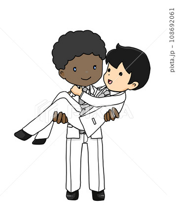 お姫様抱っこをするカップルのイラスト(日本人男性を抱きかかえる黒人男性) お姫様抱っこをするカップルのイラスト(日本人男性を抱きかかえる黒人男性) 108692061