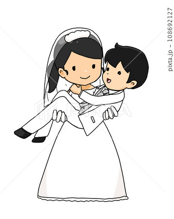 お姫様抱っこをするカップルのイラスト(日本人男性を抱きかかえる日本人女性) お姫様抱っこをするカップルのイラスト(日本人男性を抱きかかえる日本人女性) 108692127