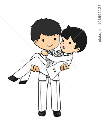 お姫様抱っこをするカップルのイラスト(日本人男性を抱きかかえる日本人男性) お姫様抱っこをするカップルのイラスト(日本人男性を抱きかかえる日本人男性) 108692128