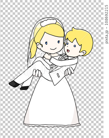 お姫様抱っこをするカップルのイラスト(白人男性を抱きかかえる白人女性) お姫様抱っこをするカップルのイラスト(白人男性を抱きかかえる白人女性) 108692215