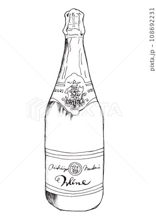 手描きイラスト素材：モノクロ線画のワインボトル　スケッチ 108692231