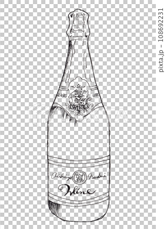 手描きイラスト素材：モノクロ線画のワインボトル　スケッチ 108692231