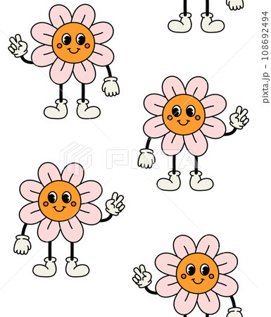 Vector seamless pattern of groovy cartoon flower 108692494