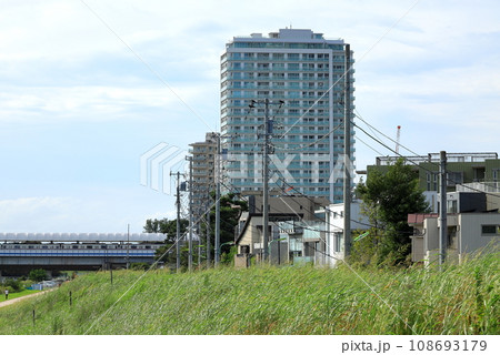 東京都　多摩川と二子玉川高層ビル群 108693179