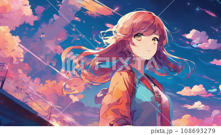 空を見上げる少女のイラスト素材 [108693279] - PIXTA