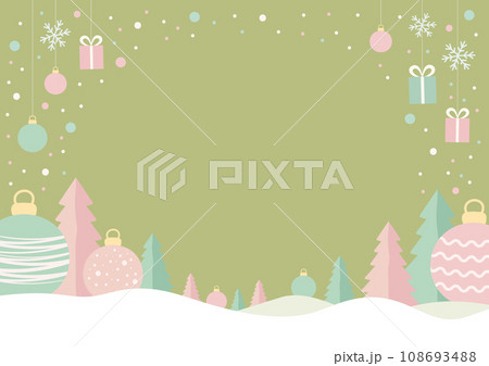 オーナメントとツリーのクリスマスカード、コピースペースのあるフラットデザイン、背景グリーン 108693488