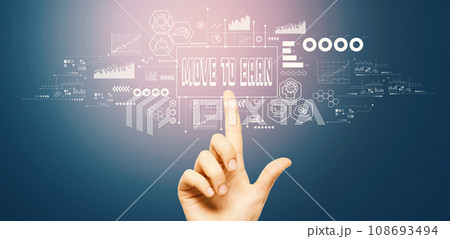 Move to Earn theme with hand pressing a button 108693494