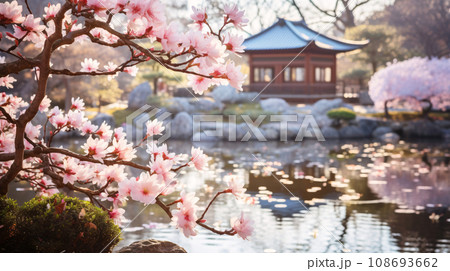 花と日本庭園、日本的な寺の風景、AI生成画像 108693662