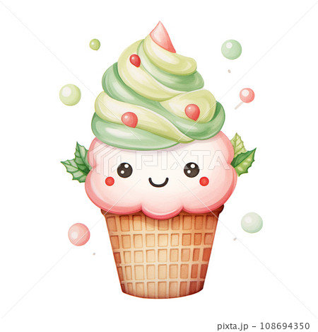Ice cream cone green and red color for Christmas festival on transparent background 108694350