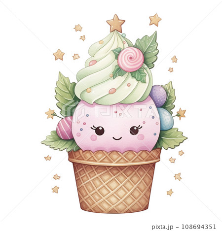 Ice cream cone green and red color for Christmas festival on transparent background 108694351