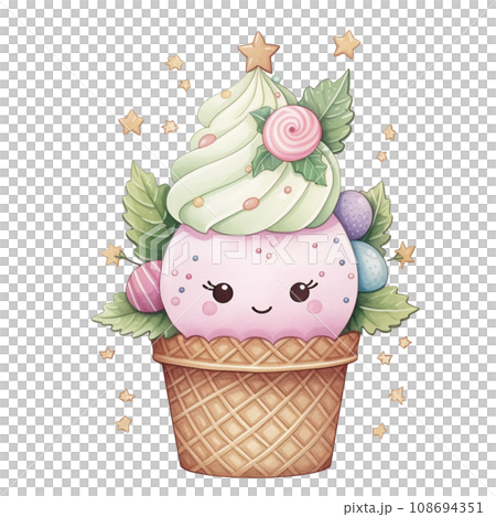 Ice cream cone green and red color for Christmas festival on transparent background 108694351