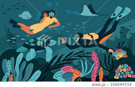 Scuba divers under water. People in masks with air cylinders and tubes. Exploration of seabed. Underwater swimming. Undersea reef. Stingray and turtle. Tropical fish. Garish vector concept 108694558