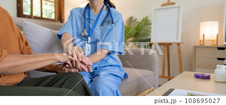 Nurse and doctor with senior patient, empathy and trust for surgery, psychology and healthcare consulting. Closeup psychologist, caregiver and volunteer support, help and hope of mental health Nurse and doctor with senior patient, empathy and trust for surgery, psychology and healthcare consulting. Closeup psychologist, caregiver and volunteer support, help and hope of mental health 108695027