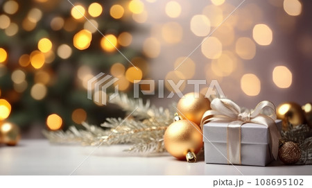 Gift boxes ornament a background bokeh of twinkling party lights decoration. New Year present. Christmas gift background with copyspace. Generative AI 108695102