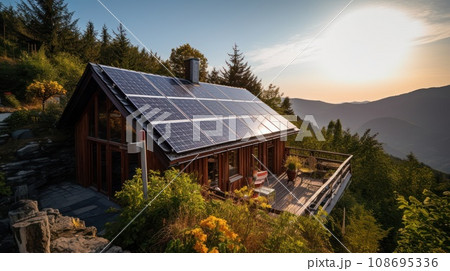 eco-friendly house with solar panels on the roof surrounded by green nature. Generative AI eco-friendly house with solar panels on the roof surrounded by green nature. Generative AI 108695336