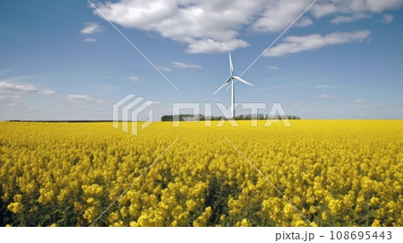 Wind turbine in a yellow flower field, Alternative energy. Generative AI Wind turbine in a yellow flower field, Alternative energy. Generative AI 108695443