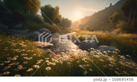 field of daisies with beautiful sunset sky. Generative AI 108695456