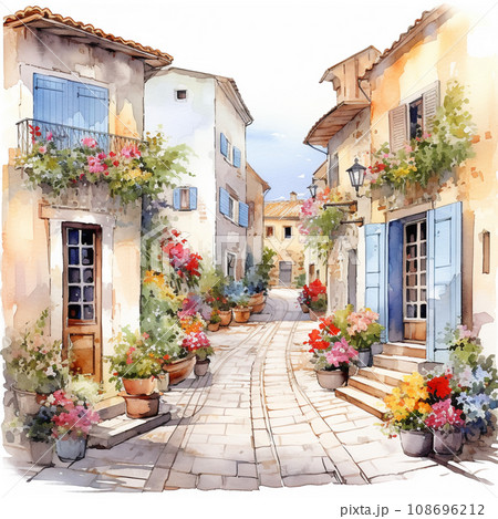 絵のように美しい素敵な街並みの水彩イラスト AI画像のイラスト素材