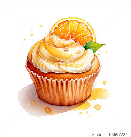 美味しそうなオレンジカップケーキの水彩イラスト AI画像のイラスト