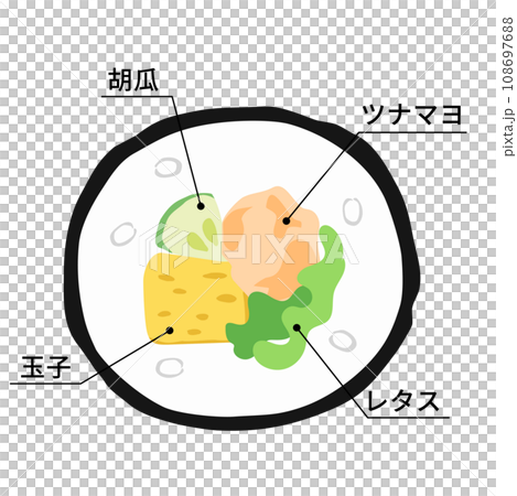 巻き寿司の断面イラスト【サラダ恵方巻／ツナマヨ】（具材説明文字入り） 108697688