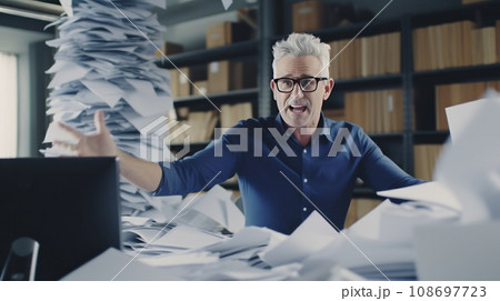 Middle-aged Caucasian man in office with a lot of papers to work. 108697723