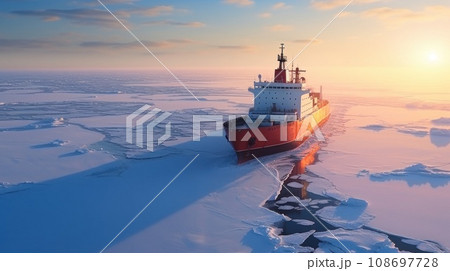 Icebreaker goes on the sea among the blue ice. Icebreaker goes on the sea among the blue ice. 108697728