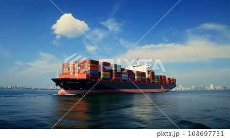 Container ship at sunset. Sea freight is one of the most important engines of the modern economy. 108697731