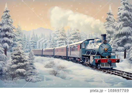 Vintage illustration of an old train decorated for Christmas. Steam locomotive, passenger cars and snowy scenery. 108697789