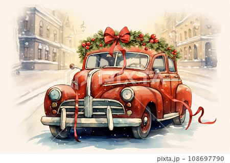 Vintage illustration of a vintage car decorated with garlands and gifts Vintage illustration of a vintage car decorated with garlands and gifts 108697790